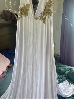 Fashion Nova White Maxi Dress with Gold Appliqué
